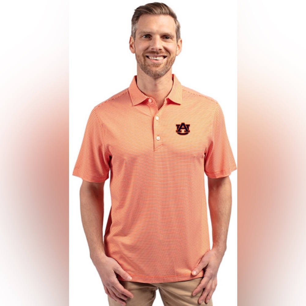 CUTTER & BUCK Auburn Tigers LOGO  Double Stripe Stretch Mens Polo GOLF SHIRT